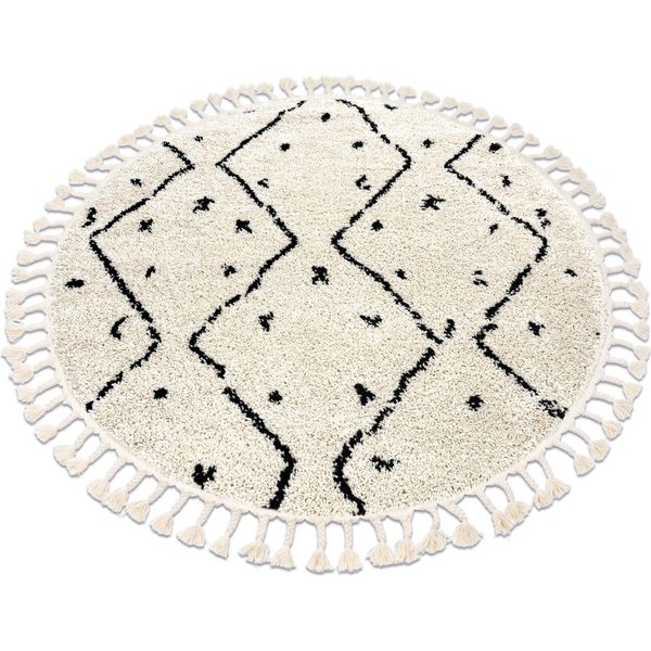 Tappeto Berber Tetuan B751 Cerchio Zigzag Crema Frange Berbero Marocchino Shaggy Beige Ruota 120 Cm-image