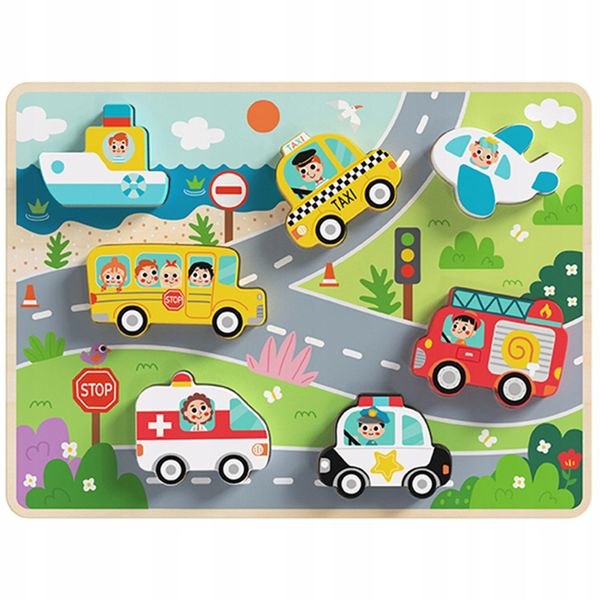 Tooky Toy Montessori Puzzle In Legno Veicoli Auto Aereo Barca Città Abbinamenti Forme-image