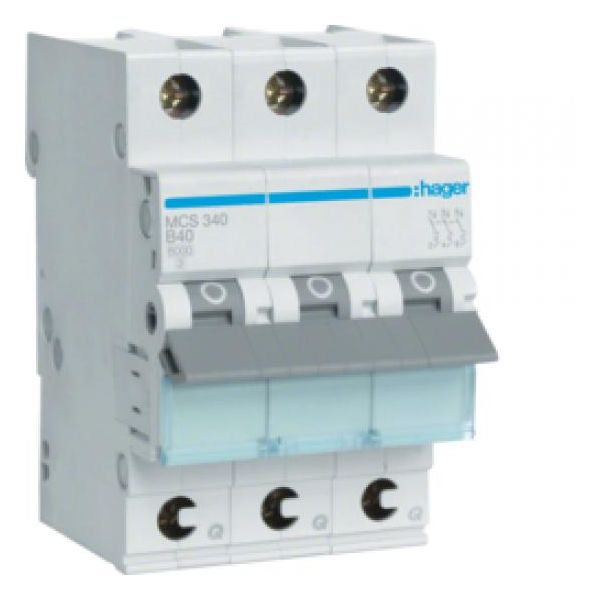 Hager MCS340. Corrente Nominale: 40 A. Tipo: Tipo C, Quantità Moduli (Max): 3 Moduli. Larghezza: 52,5 Mm, Profondità: 70 Mm, Altezza: 83,4 M-image