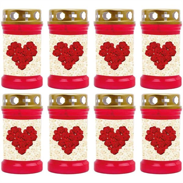 Candela Grave Rossa In Confezione Da 8, Durata Di Combustione: 40 Ore (Per Candela), Motivo: Cuore Di Rosa-image