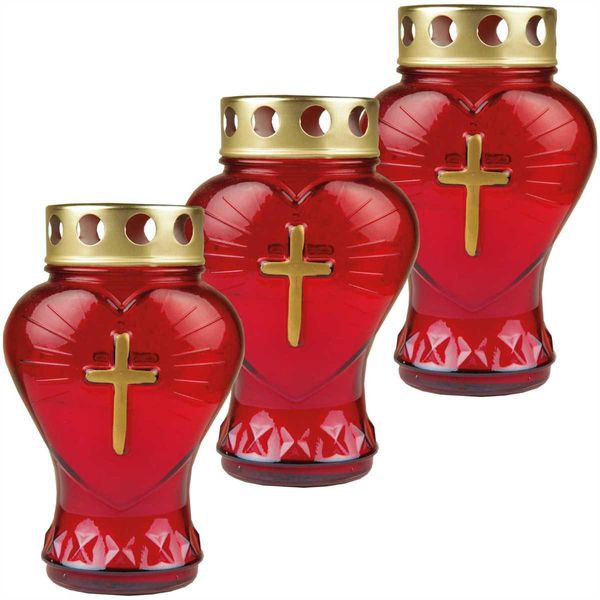 Lume Da Tomba In Vetro A Forma Di Cuore (Rosso), Confezione Da 3 Candele Da Tomba Con Autonomia Di Circa 45 Ore-image