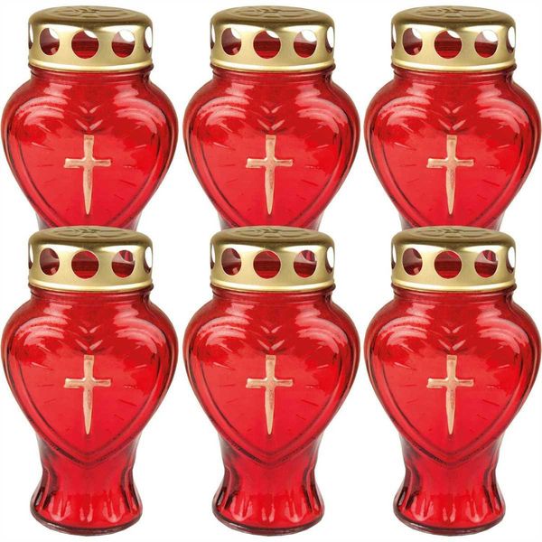 Candela Funebre In Vetro A Forma Di Cuore (Rosso), Confezione Da 6 Candele Funebri Con Autonomia Di Circa 30 Ore-image