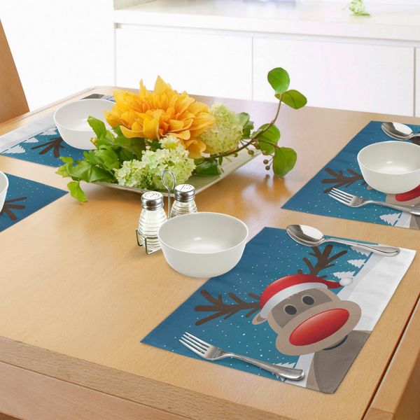 Abakuhaus Tovagliette Natalizie, Rudolph La Renna Con Cappello Da Babbo Natale Tema Natalizio Per Bambini Divertente Cartone Animato, Decorazioni Da Tavola In Tessuto Resistente Ai Colori Per La Sala Da Pranzo E La Cucina, Bianco Marrone E Rosso-image
