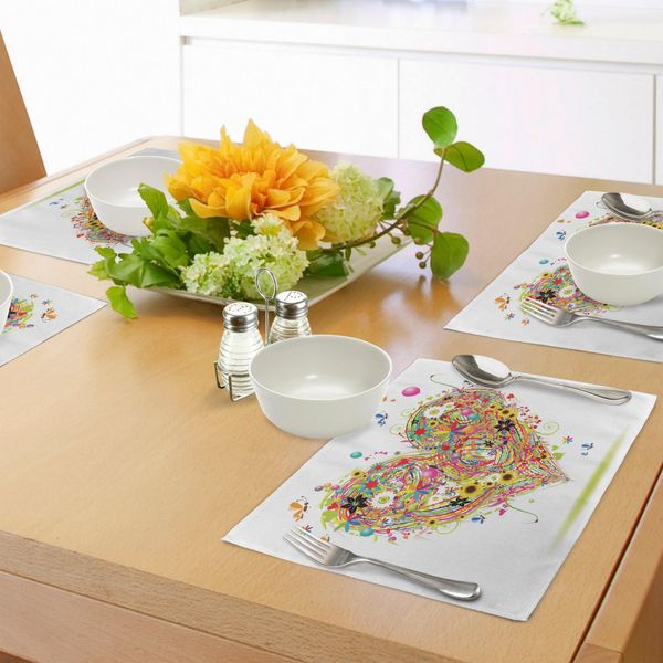 Tovagliette Abakuhaus A Forma Di Cuore, Romantica Composizione Con Simboli Dell'amore Dipinti Ad Acquerello Colorati, Tema San Valentino, Decorazioni Da Tavola In Tessuto Resistente Al Lavaggio Per La Sala Da Pranzo E La Cucina, Multicolore-image