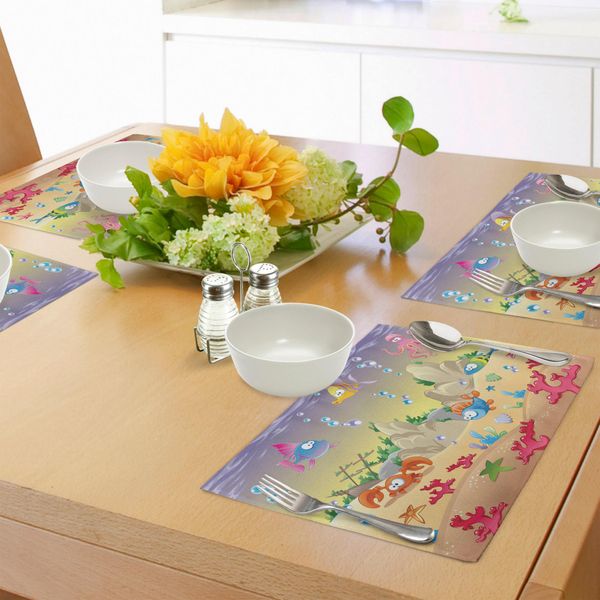 Tovagliette Subacquee Abakuhaus, Design Cartoon Per Bambini, Simpatici Animali Marini, Pesci, Navi Affondate, Barriera Corallina E Bolle, Tiscjdeco In Tessuto Resistente Al Lavaggio Per Sala Da Pranzo E Cucina, Multicolore-image