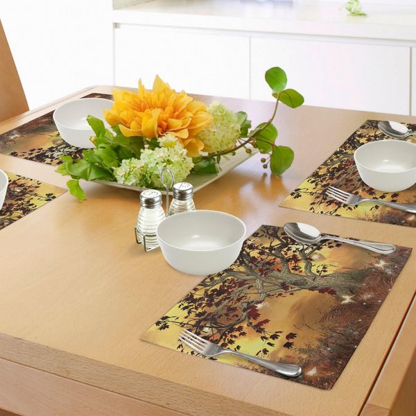 Tovagliette Abakuhaus, Composizione A Tema Albero Solitario Con Ornamenti Nei Toni Della Terra, Tiscjdeco In Tessuto Resistente Al Lavaggio Per La Sala Da Pranzo E La Cucina, Marrone Ruggine E Giallo-image