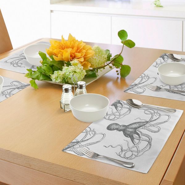 Tovagliette Abakuhaus Con Motivo A Calamaro, Disegno Ispirato All'oceano Di Un Animale Con Lunghi Tentacoli Marine Life Undersea, Tiscjdeco In Tessuto Resistente Al Lavaggio Per Sala Da Pranzo E Cucina, Bianco Grigio-image