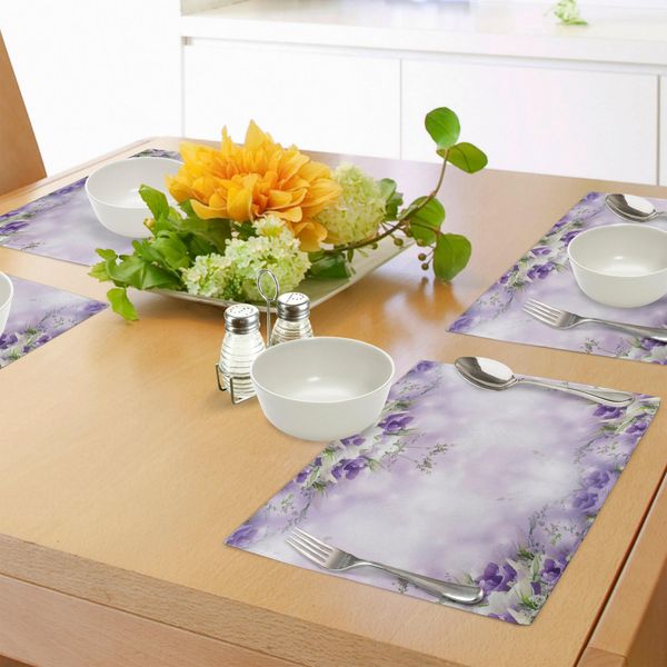Tovagliette Abakuhaus Con Motivi Floreali, Composizione Di Fiori Sbocciati Con Foglie Primaverili Verdi, Natura Romantica, Decorazioni Da Tavola In Tessuto Resistente Allo Scolorimento Per La Sala Da Pranzo E La Cucina, Viola, Lilla, Verde-image