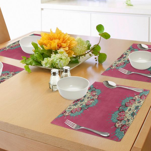 Tovagliette Abakuhaus Mandala, Motivi Floreali Orientali In Metà Cornice Boho Tradizionale Artistica Su Sfondo Rosa, Decorazioni Da Tavola In Tessuto Resistente Al Lavaggio Per La Sala Da Pranzo E La Cucina, Multicolore-image