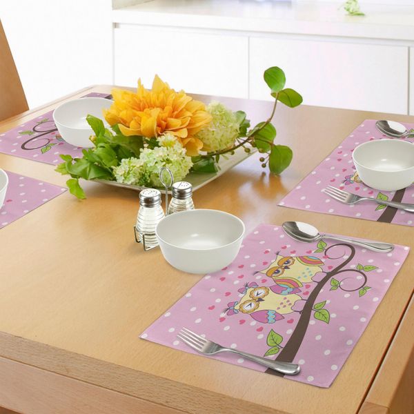 Tovagliette Abakuhaus Con Gufi, Gufi Innamorati Su Sfondo A Pois, Tema Romantico Con Cuori, Tiscjdeco In Tessuto Resistente Ai Colori Per La Sala Da Pranzo E La Cucina, Giallo Chiaro, Verde Mela, Rosa Chiaro-image