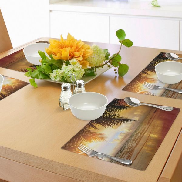 Tovagliette Abakuhaus Ocean, Tramonto Sulla Spiaggia Della Costa Caraibica Con Palme, Tiscjdeco In Tessuto Resistente Al Lavaggio Per La Sala Da Pranzo E La Cucina, Arancione Scuro, Azzurro, Giallo-image