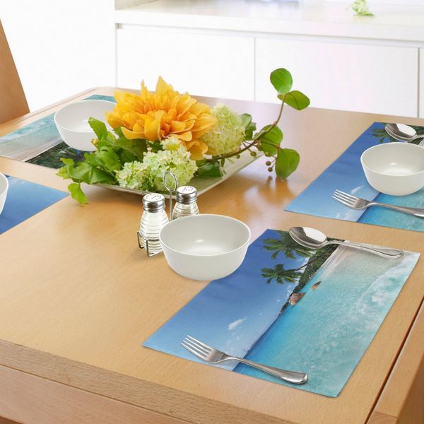 Tovagliette Abakuhaus Ocean, Anse Lazio Beach Presso Praslin Island Surfing Beach Scenic View Travel, Tiscjdeco In Tessuto Resistente Al Colore Per La Sala Da Pranzo E La Cucina, Turchese Verde Blu-image