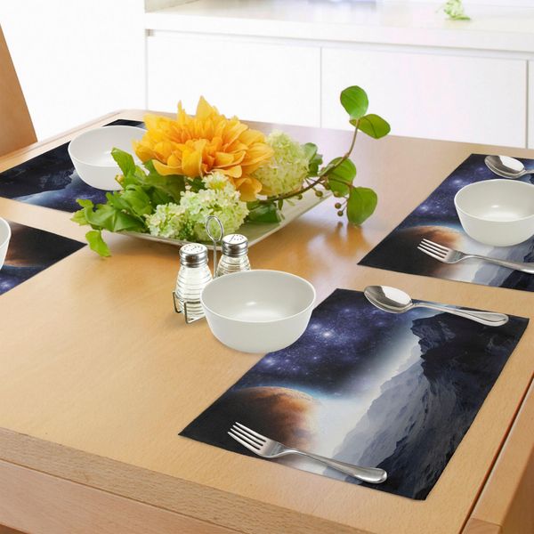 Tovagliette Abakuhaus Space, Fantascienza Della Galassia Natura Milkyway Atmosfera Pianeta Riepilogo, Tiscjdeco In Tessuto Resistente Al Colore Per La Sala Da Pranzo E La Cucina, Arancione Viola Nero-image