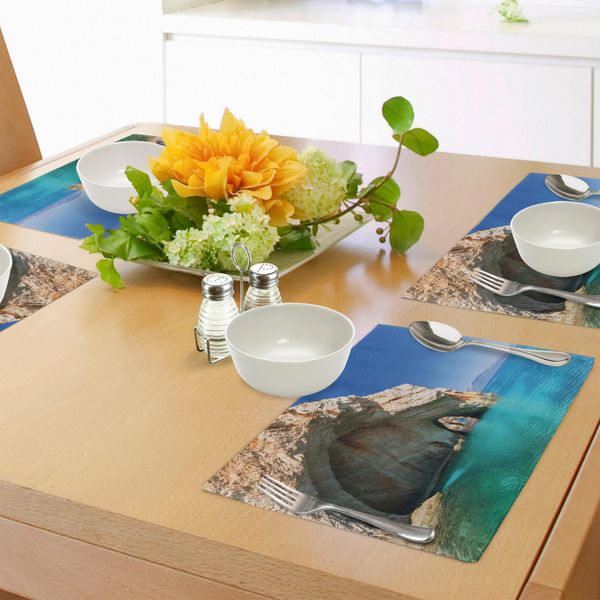 Abakuhaus Grecia Tovagliette, Sea Cave Sull'isola Di Zante Grecia Vacanze Relax Paesaggio Marino Costa Immagine, Tiscjdeco In Tessuto Resistente Al Colore Per La Sala Da Pranzo E La Cucina, Azzurro Tan-image