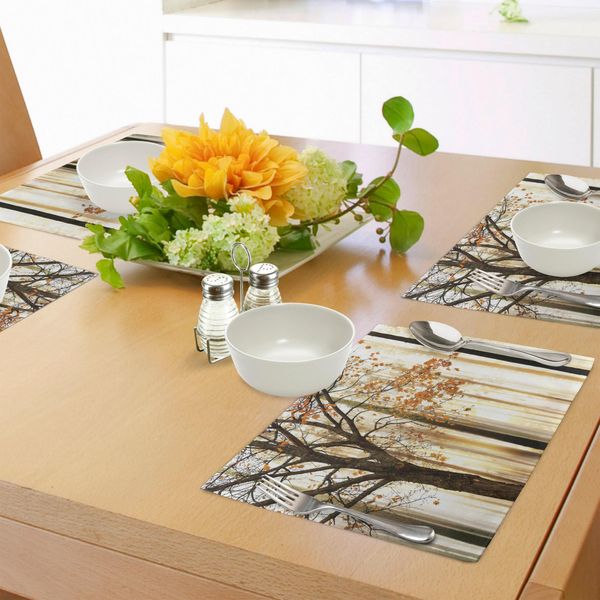 Tovagliette Abakuhaus Autunno, Immagine Di Un Albero Solitario Con Foglie Di Arancio Su Uno Sfondo Astratto Di Bosco, Tiscjdeco In Tessuto Resistente Al Lavaggio Per La Sala Da Pranzo E La Cucina, Arancione Marrone-image