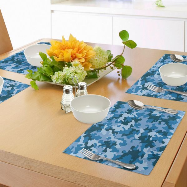 Tovagliette Abakuhaus Camo, Composizione Colorata Con Forme Astratte In Tonalità Blu Scuro E Chiaro, Tiscjdeco In Tessuto Resistente Al Lavaggio Per La Sala Da Pranzo E La Cucina, Blu E Azzurro-image