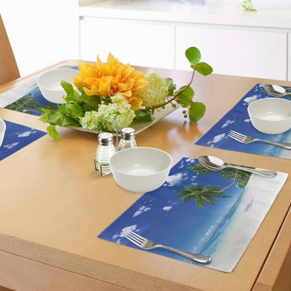 Tovagliette Abakuhaus Ocean, Costa-Vista Mare-Laguna Con Foglie Di Palma E Nuvole-Vacanza Idilliaca, Tiscjdeco In Tessuto Resistente Al Lavaggio Per La Sala Da Pranzo E La Cucina, Bianco Verde Blu-image