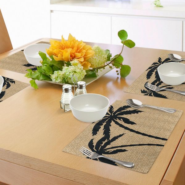 Abakuhaus Tovagliette Tropicali, Composizione Con Sagome Di Palme Su Sfondo A Zig-Zag, Tiscjdeco In Tessuto Resistente Al Lavaggio Per La Sala Da Pranzo E La Cucina, Marrone Chiaro E Nero-image