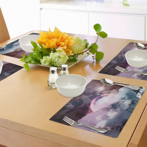 Tovagliette Abakuhaus Space, Pianeti In Uno Spazio Fantastico, Paesaggio Naturale Galaxy Print, Tiscjdeco In Tessuto Resistente Al Lavaggio Per La Sala Da Pranzo E La Cucina, Rosa Essiccata Rosa Chiaro Azzurro-image