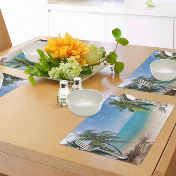 Tovagliette Abakuhaus Ocean, Stampa Panoramica Con Tema Vacanze Esotiche Su Spiaggia Tropicale Sabbiosa, Decorazione Da Tavolo In Tessuto Resistente Al Lavaggio Per Sala Da Pranzo E Cucina, Marrone Chiaro Turchese Verde-image