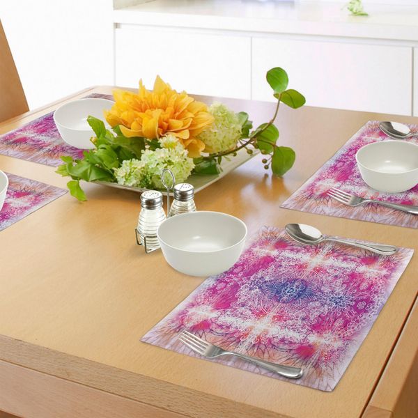 Tovagliette Abakuhaus Mandala, Stile Orientale Tradizionale Mandala Tie Dye Stile Ombre Print Armonia Meditazione Tema, Tiscjdeco In Tessuto Resistente Al Lavaggio Per Sala Da Pranzo E Cucina, Rosa-image