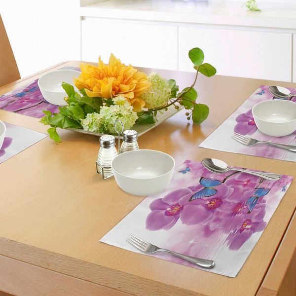 Tovagliette Abakuhaus Con Farfalle, Orchidea Con Riflessi Di Farfalle Su Acqua, Fiori, Botanica, Tiscjdeco In Tessuto Resistente Al Lavaggio Per Sala Da Pranzo E Cucina, Bianco, Rosa, Blu-image