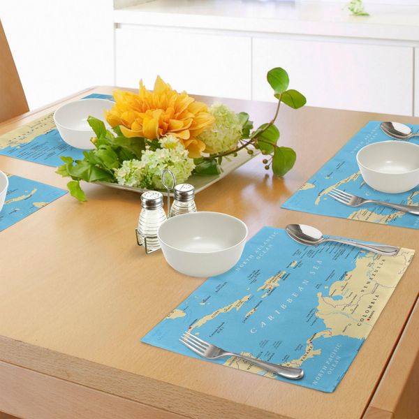 Abakuhaus Tovagliette Fernweh, Caraibi Mappa Politica Capitali Confini Nazionali Città Importanti Fiumi Laghi, Tiscjdeco In Tessuto Resistente Ai Colori Per La Sala Da Pranzo E La Cucina, Avorio Blu-image