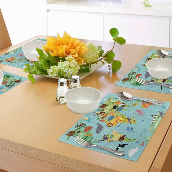 Abakuhaus Tovagliette Fernweh, Cartoni Animati Per Bambini Animali Del Mondo Fauna Esotica Con Oceano E Flora, Tessuto Lavabile Sala Da Pranzo Cucina Decorazioni Per La Tavola Stampa Digitale, Giallo Verde-image