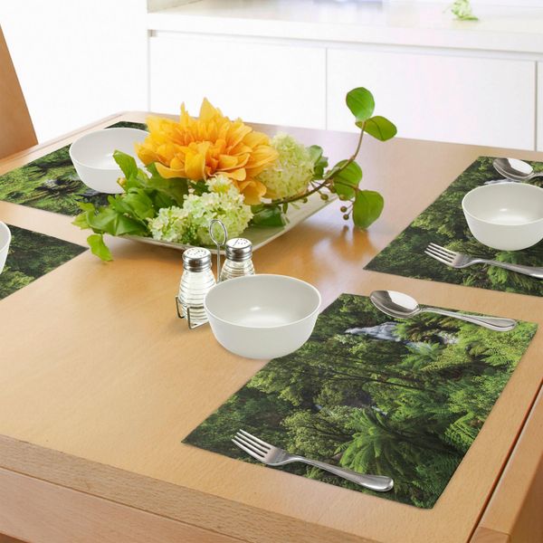 Tovagliette Abakuhaus Rainforest, Foresta Pluviale Con Cascata, Fiume, Attrazione Turistica, Tema Tropicale, Verde Zen, Tiscjdeco In Tessuto Resistente Al Colore Per Sala Da Pranzo E Cucina, Verde-image