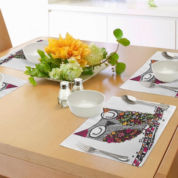 Tovagliette Abakuhaus Con Gufi, Gufo Modellato Da Motivi Floreali Geometrici, Motivi Floreali Colorati, Design Artistico Doodle, Tiscjdeco In Tessuto Resistente Al Lavaggio Per La Sala Da Pranzo E La Cucina, Multicolore-image