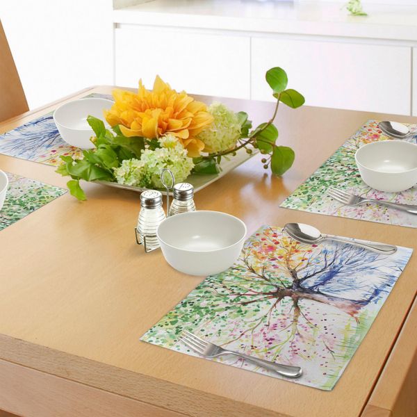 Tovagliette Abakuhaus, Albero Artistico Acquerellato Con Rami Fioriti Colorati, Tema Delle Quattro Stagioni, Decorazione Da Tavola In Tessuto Resistente Al Lavaggio Per Sala Da Pranzo E Cucina, Multicolore-image