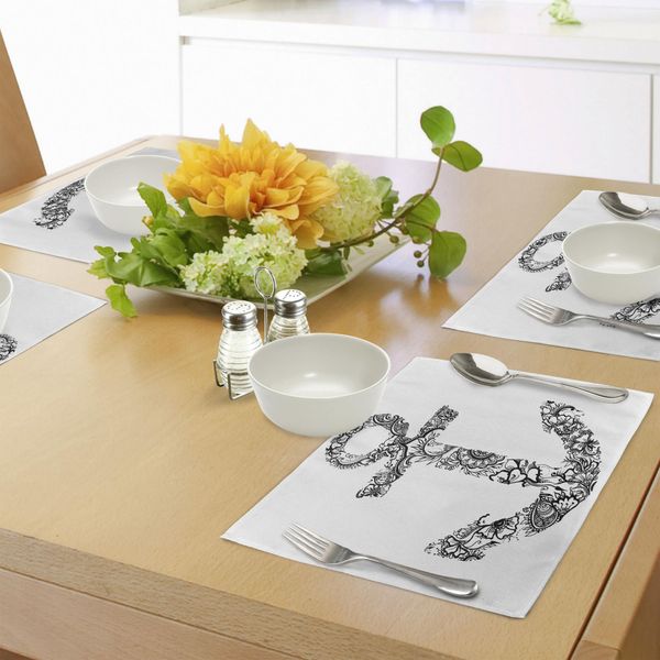 Abakuhaus Tovagliette Con Ancora, Forma Di Ancora, Fiori Con Decorazioni Floreali, Silhouette, Vacanze, Tempo Antico, Felicità, Stampa, Tiscjdeco In Tessuto Resistente Al Lavaggio Per La Sala Da Pranzo E La Cucina, Bianco E Nero-image