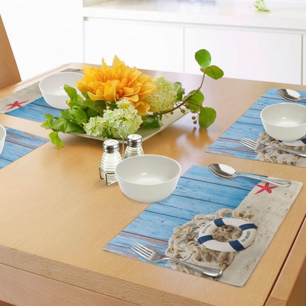 Abakuhaus Tovagliette Boje, Salvagente Con Messaggio Di Benvenuto Sulla Spiaggia Costa Stampa Vintage, Tiscjdeco In Tessuto Resistente Al Lavaggio Per La Sala Da Pranzo E La Cucina, Grigio Bianco Blu Rosso-image