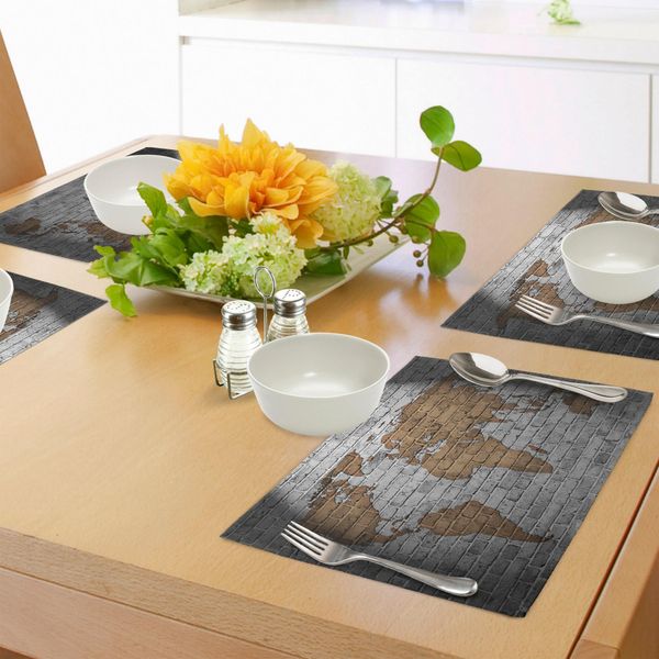 Abakuhaus Tovagliette Fernweh, Mappa Del Mondo Su Vecchio Muro Di Mattoni Paesi Continenti In Stile Vintage Rough, Tiscjdeco In Tessuto Resistente Al Colore Per La Sala Da Pranzo E La Cucina, Marrone Chiaro Grigio Chiaro-image
