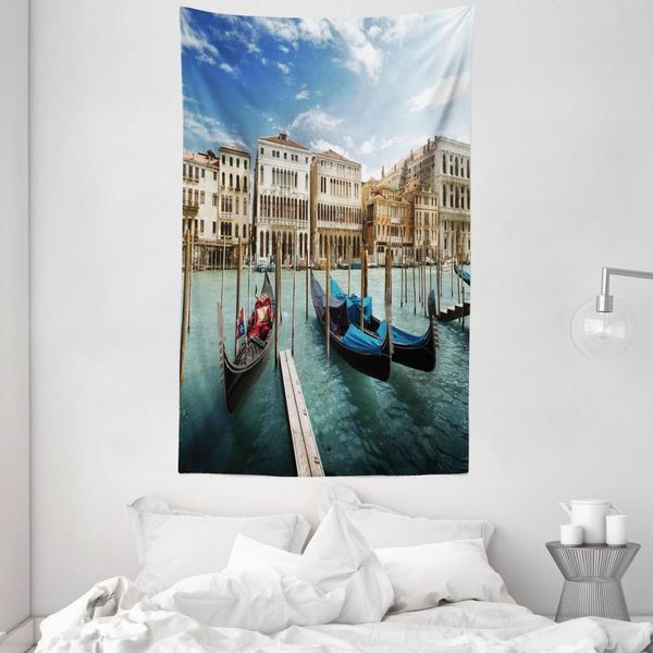Abakuhaus Italia Arazzo E Copriletto, Gondole Della Laguna Di Venezia Morbido Tessuto In Microfibra Lavabile Senza Scolorimento Stampa Digitale, 140 X 230 Cm, Verde Blu Bianco-image