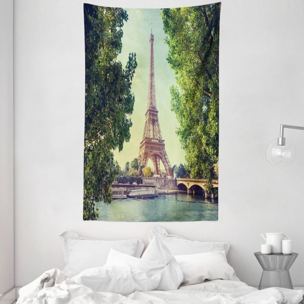 Abakuhaus Paris Arazzo E Copriletto, Torre Eiffel E Fiume Senna In Morbido Tessuto Microfibra Lavabile Senza Scolorimento Stampa Digitale, 140 X 230 Cm, Verde Mandorla Marrone Chiaro-image