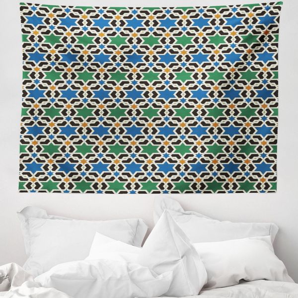 Abakuhaus Arazzo Marocchino, Stelle Esagonali In Morbido Tessuto Microfibra Lavabile Senza Scolorimento Stampa Digitale, 150 X 110 Cm, Verde Blu Nero-image