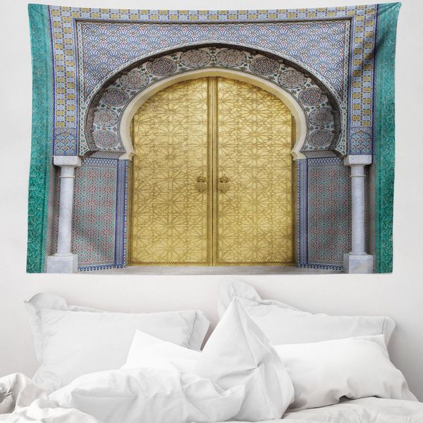 Abakuhaus Arazzo Marocchino, Porte Antiche In Morbido Tessuto Microfibra Lavabile Senza Scolorimento Stampa Digitale, 150 X 110 Cm, Giallo Verde Acqua Blu-image