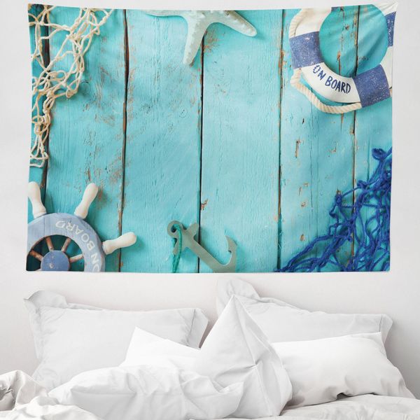 Abakuhaus Arazzo Nautico, Paesaggio Oceanico Nautico In Morbido Tessuto Microfibra Lavabile Senza Scolorimento, Stampa Digitale, 150 X 110 Cm, Turchese Blu Navy-image