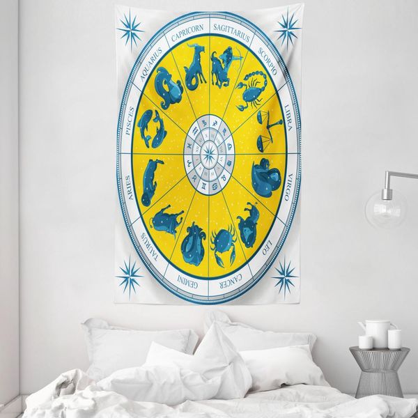 Abakuhaus Arazzo E Copriletto Astrologico, Panoramica Zodiacale Natale In Morbido Tessuto Microfibra Lavabile Senza Scolorimento, Stampa Digitale, 140 X 230 Cm, Giallo/Blu-image