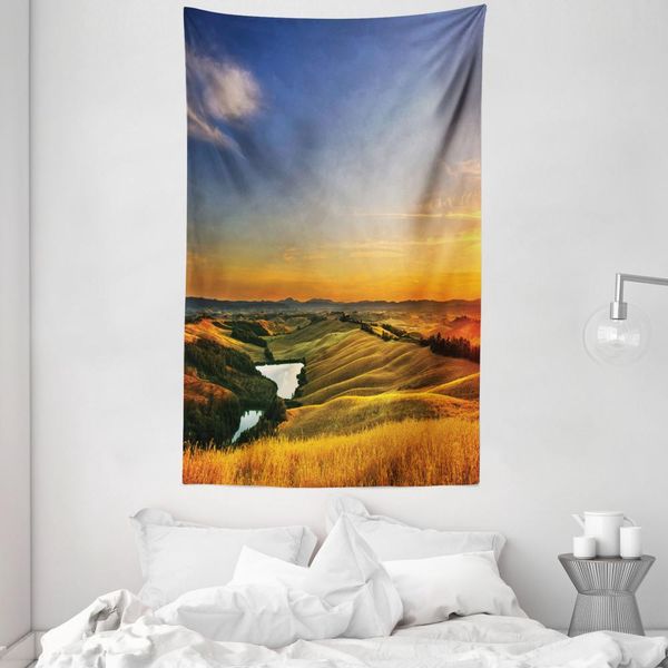 Abakuhaus Arazzo E Copriletto Paesaggistico, Valle Del Mediterraneo In Morbido Tessuto Microfibra Lavabile Senza Scolorimento Stampa Digitale, 140 X 230 Cm, Blu Giallo Verde-image