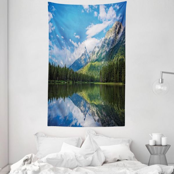 Abakuhaus Arazzo Naturale E Copriletto, Mountain Lake Scenery In Morbido Tessuto Microfibra Lavabile Senza Scolorimento Stampa Digitale, 140 X 230 Cm, Blu Bianco Verde-image