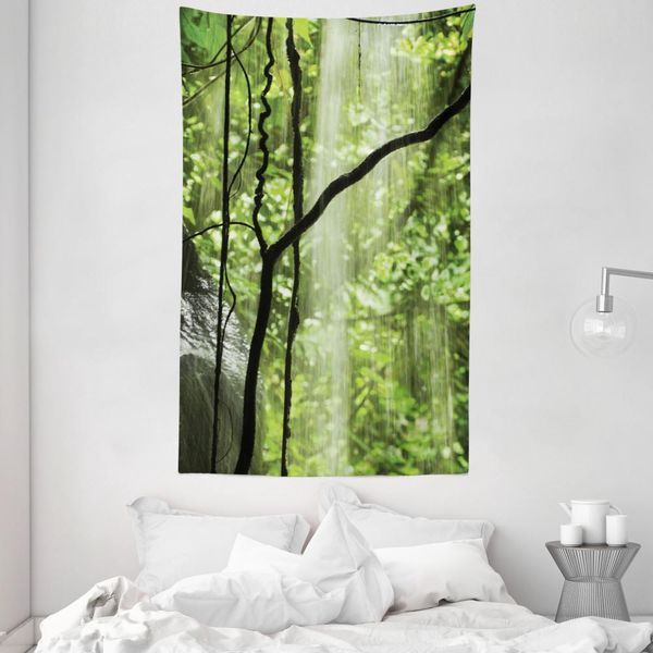 Abakuhaus Arazzo E Copriletto Paesaggistico, Cascata Nella Giungla E Albero In Morbido Tessuto Microfibra Lavabile Senza Scolorimento Stampa Digitale, 140 X 230 Cm, Verde Marrone-image