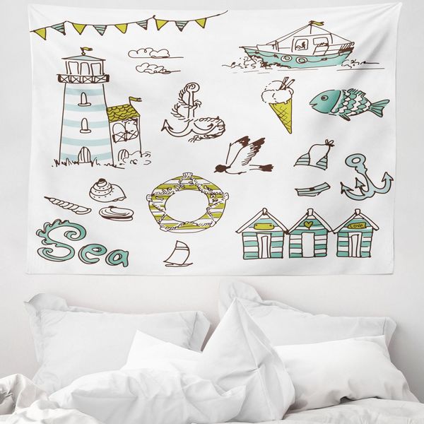 Abakuhaus Kids Arazzo, Faro Ancora Gabbiano In Morbido Tessuto Microfibra Lavabile Senza Scolorimento Stampa Digitale, 150 X 110 Cm, Verde Pallido Giallo-image