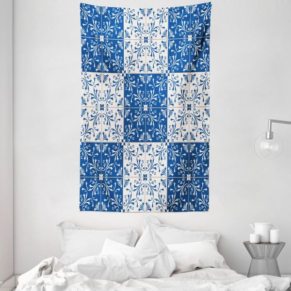 Abakuhaus Navy White Arazzo E Copriletto, Mosaico Portoghese In Morbido Tessuto Microfibra Lavabile Senza Scolorimento, Stampa Digitale, 140 X 230 Cm, Blu Navy Bianco-image