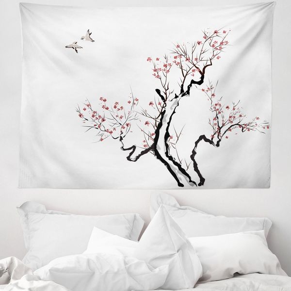 Abakuhaus Arazzo Floreale, Classico Asiatico In Morbido Tessuto Microfibra Lavabile Senza Scolorimento, Stampa Digitale, 150 X 110 Cm, Grigio Bianco-image