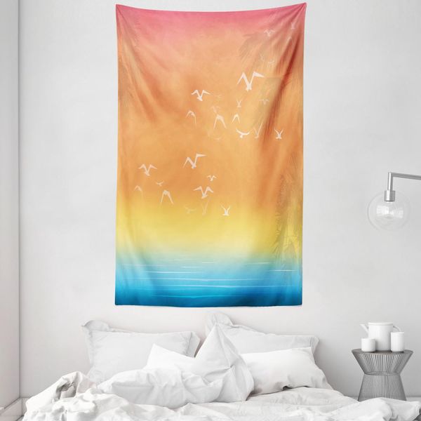 Abakuhaus Arazzo E Copriletto Tropicale, Seagull Palme Sole In Morbido Tessuto Microfibra Lavabile Senza Scolorimento Stampa Digitale, 140 X 230 Cm, Multicolore-image