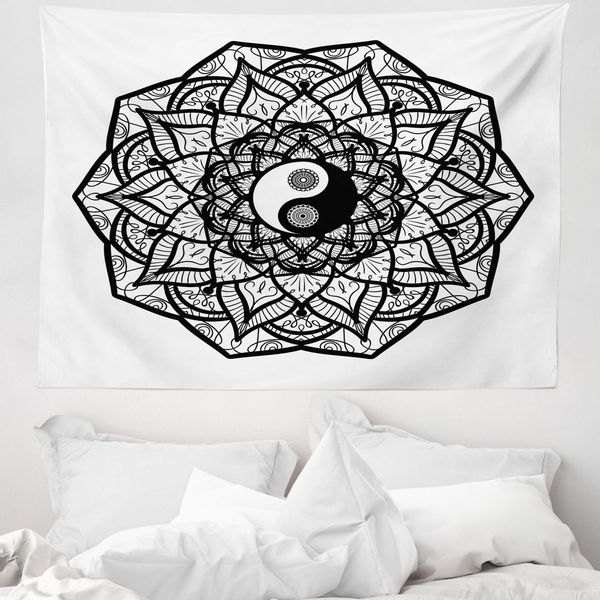 Abakuhaus Arazzo Giapponese, Ying Yang Bianco E Nero In Morbido Tessuto Microfibra Lavabile Senza Scolorimento Stampa Digitale, 150 X 110 Cm, Bianco E Nero-image
