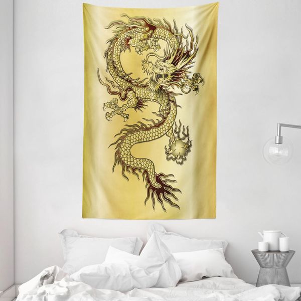 Abakuhaus Arazzo E Copriletto Con Draghi, Mito Della Cina Orientale In Morbido Tessuto Microfibra Lavabile Senza Scolorimento Stampa Digitale, 140 X 230 Cm, Nero Senape-image
