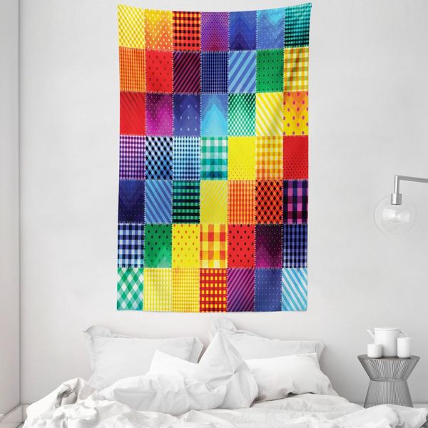 Abakuhaus Arazzo E Copriletto Patchwork, Patchwork Retrò Arcobaleno In Morbido Tessuto Microfibra Lavabile Senza Scolorimento, Stampa Digitale, 140 X 230 Cm, Multicolore-image